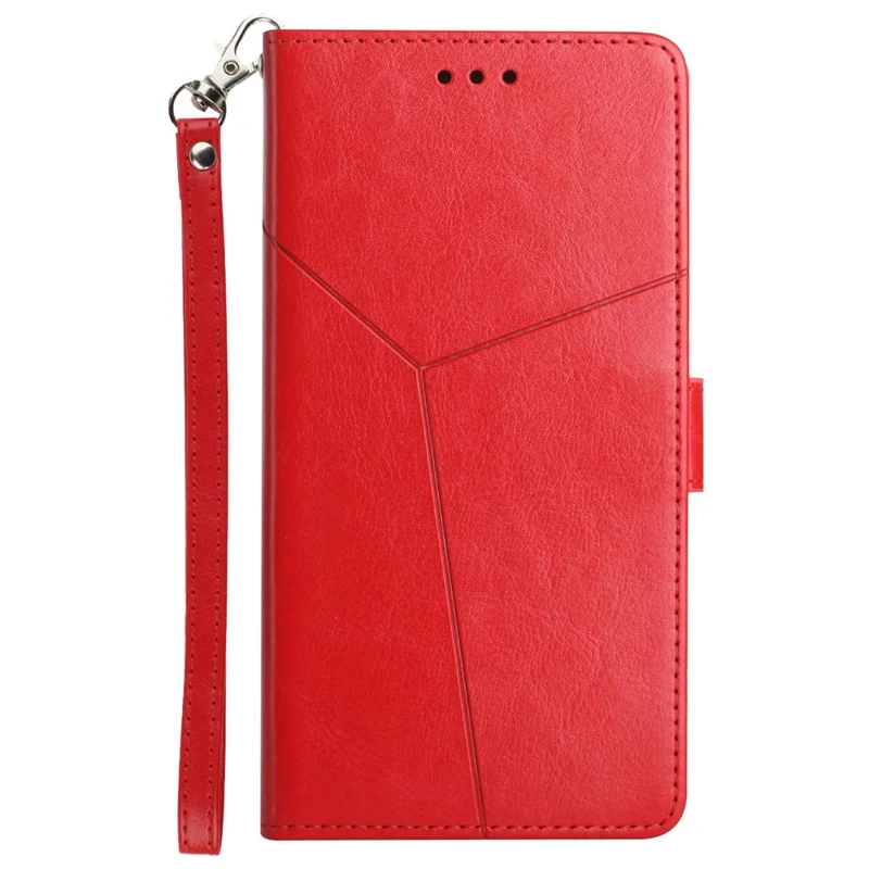 HT01 Phone Stand Case for Oppo A78 4G , Scratch Proof Y-shaped Line Imprinted Leather Wallet Cover - Red