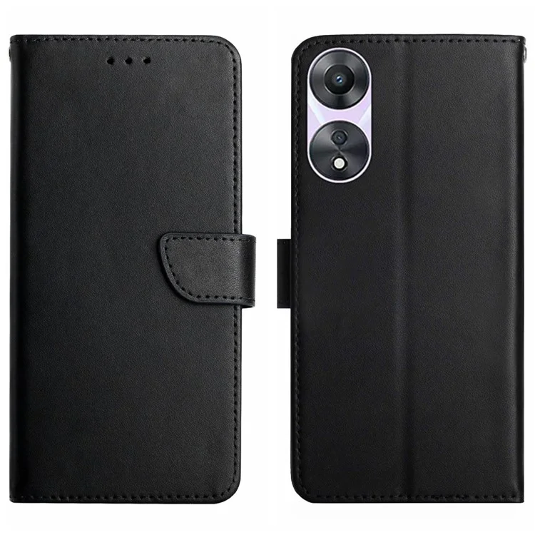 HT02 para Oppo A78 4G Foldable Stand Genuine Cow Leather Wallet Case Phone Cover - Negro