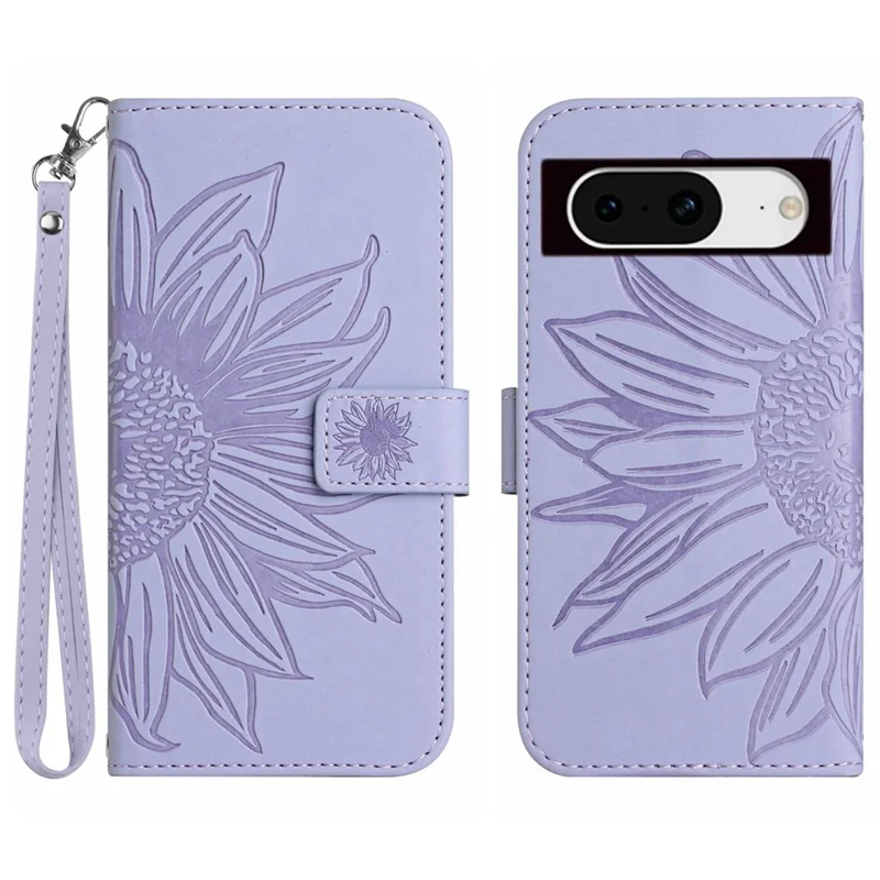 HT04 For Google Pixel 8 Imprinted Wallet Phone Case Fall Proof Leather Stand Cover with Hand Strap - Light Purple