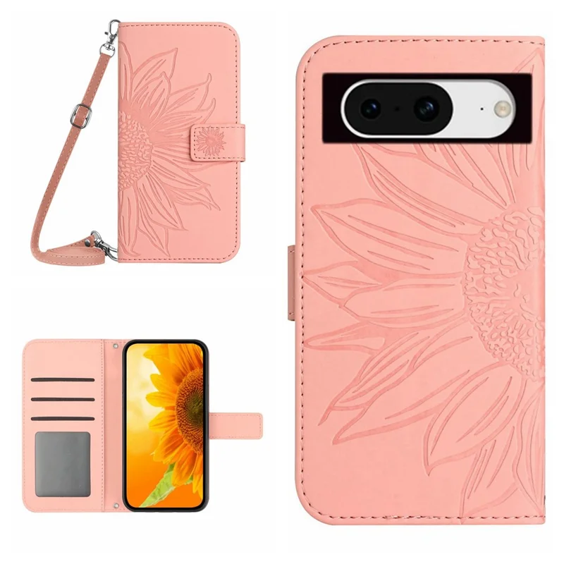 HT04 For Google Pixel 8 Leather Wallet Stand Case Sunflower Imprinted Phone Cover with Shoulder Strap - Light Pink