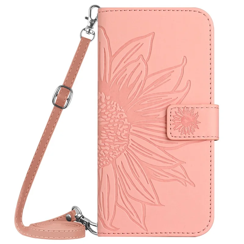 HT04 For Google Pixel 8 Leather Wallet Stand Case Sunflower Imprinted Phone Cover with Shoulder Strap - Light Pink