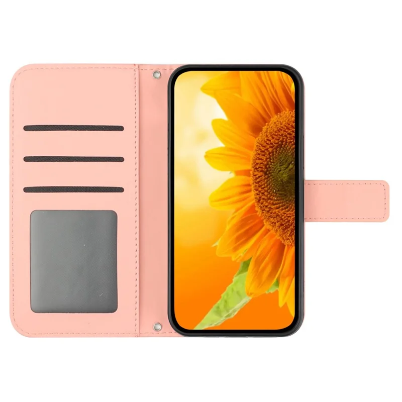 HT04 For Google Pixel 8 Leather Wallet Stand Case Sunflower Imprinted Phone Cover with Shoulder Strap - Light Pink