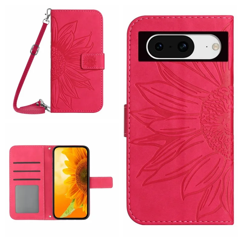 HT04 For Google Pixel 8 Leather Wallet Stand Case Sunflower Imprinted Phone Cover with Shoulder Strap - Rose