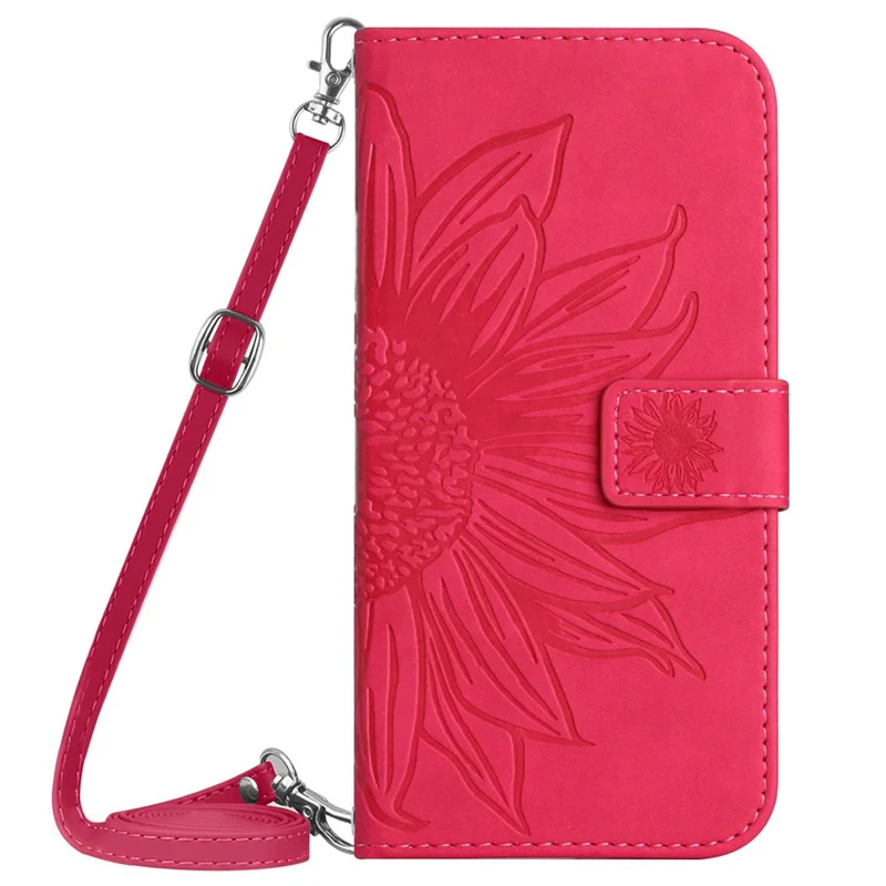 HT04 For Google Pixel 8 Leather Wallet Stand Case Sunflower Imprinted Phone Cover with Shoulder Strap - Rose