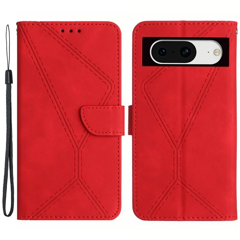 HT05 Skin-touch Phone Case for Google Pixel 8 , Imprinted Line PU Leather Stand Wallet Flip Cover - Red