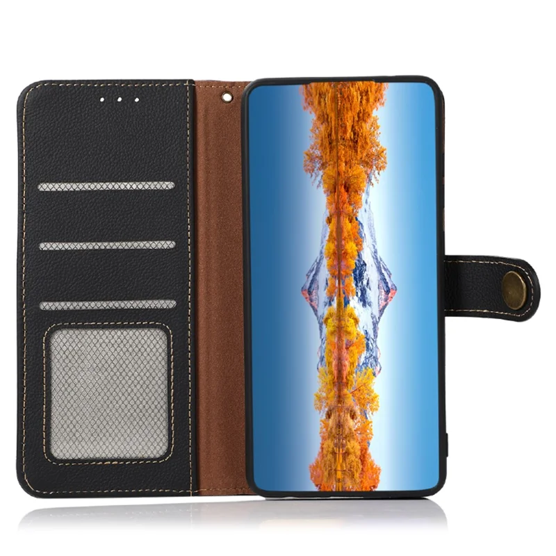 KHAZNEH For Nokia G42 Phone Case Drop Protection Genuine Cow Leather Phone Cover Stand RFID Blocking Wallet - Black