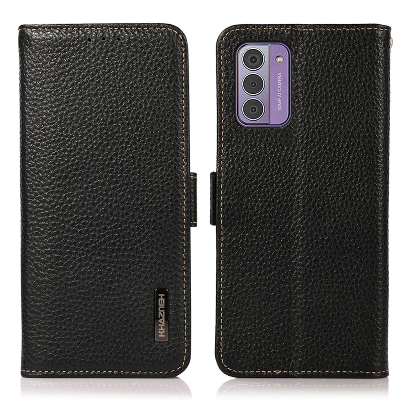 KHAZNEH For Nokia G42 Phone Case Wallet RFID Blocking Stand Litchi Texture Genuine Cow Leather Cover - Black