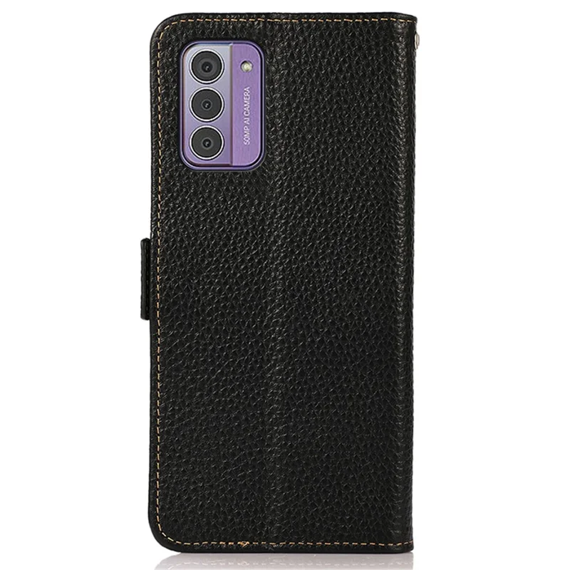 KHAZNEH For Nokia G42 Phone Case Wallet RFID Blocking Stand Litchi Texture Genuine Cow Leather Cover - Black