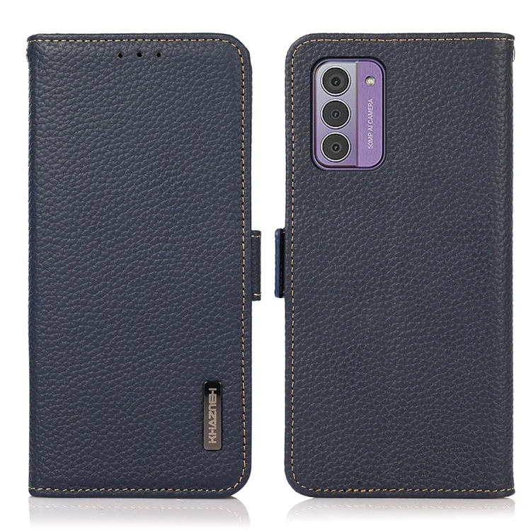 KHAZNEH Funda Cartera para Nokia G42 RFID Bloqueo Soporte Textura de lichi Cuero genuino de vaca - Azul 