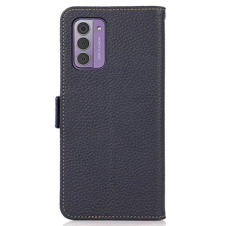 KHAZNEH Funda Cartera para Nokia G42 RFID Bloqueo Soporte Textura de lichi Cuero genuino de vaca - Azul 