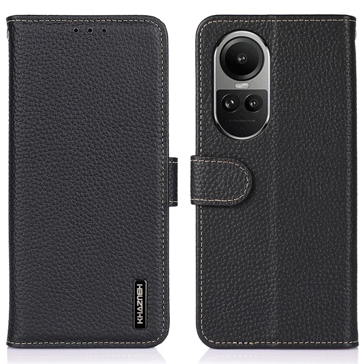 KHAZNEH For Oppo Reno10 Pro 5G (Global) / Reno10 5G (Global) Cell Phone Cover Litchi Texture Stand Wallet Genuine Cow Leather+TPU Case - Black