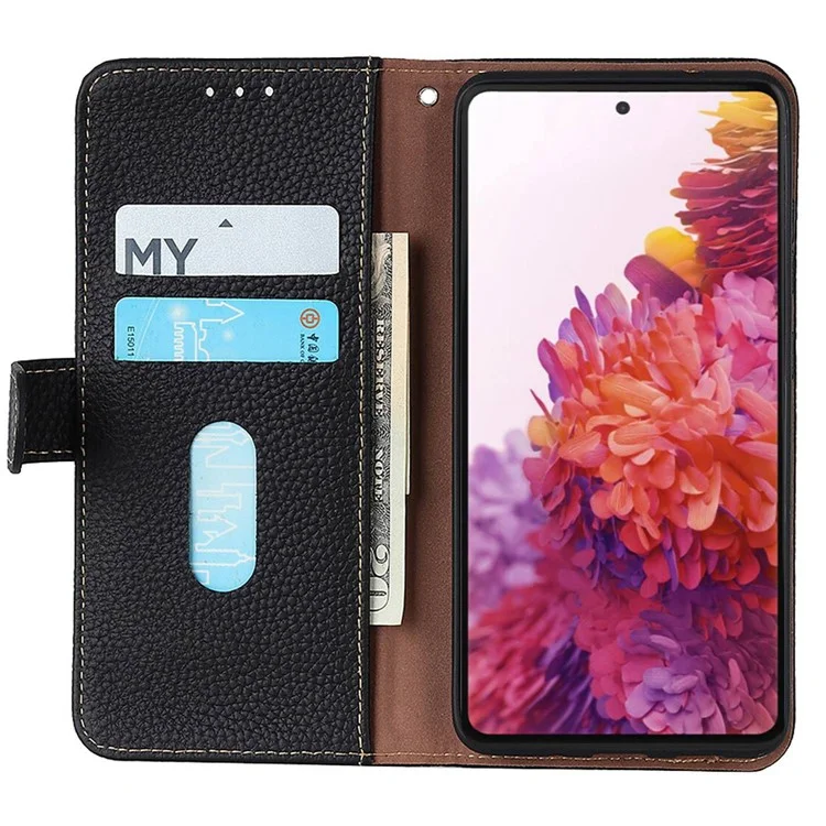 KHAZNEH For Oppo Reno10 Pro 5G (Global) / Reno10 5G (Global) Cell Phone Cover Litchi Texture Stand Wallet Genuine Cow Leather+TPU Case - Black
