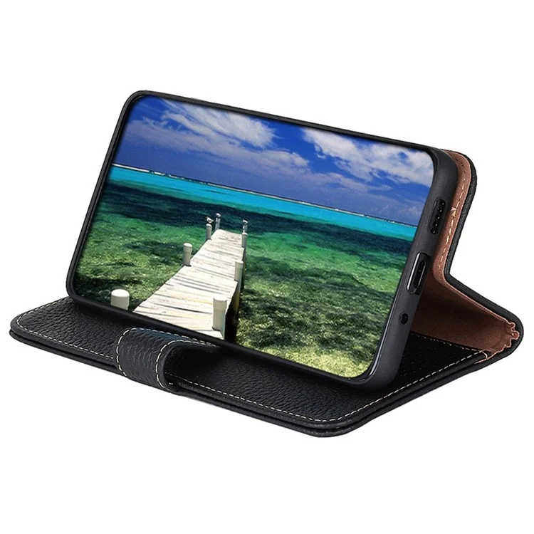 KHAZNEH For Oppo Reno10 Pro 5G (Global) / Reno10 5G (Global) Cell Phone Cover Litchi Texture Stand Wallet Genuine Cow Leather+TPU Case - Black