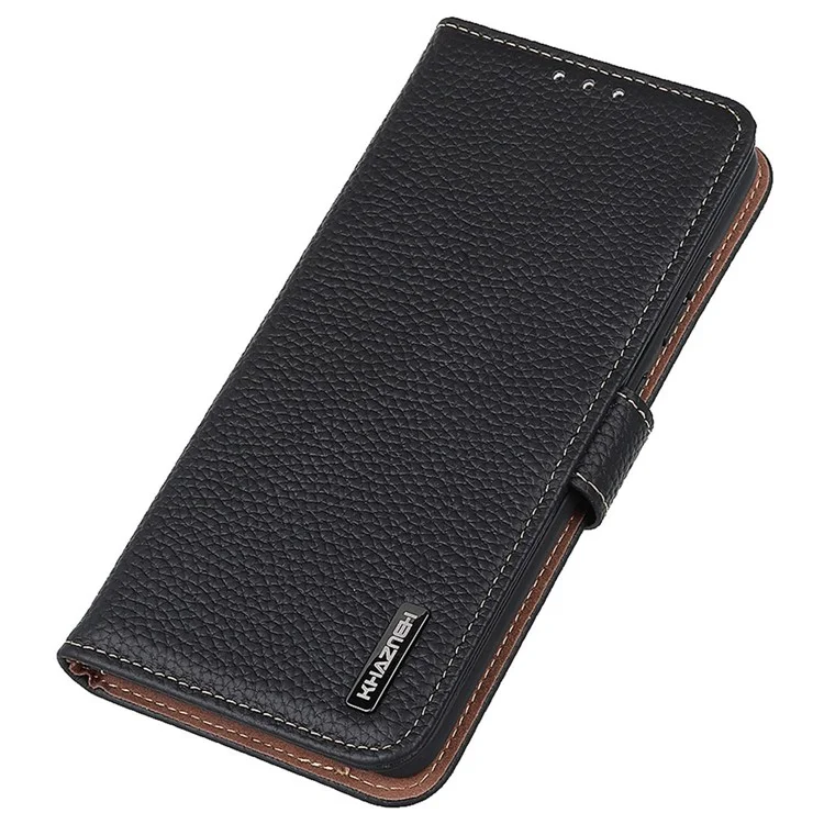 KHAZNEH For Oppo Reno10 Pro 5G (Global) / Reno10 5G (Global) Cell Phone Cover Litchi Texture Stand Wallet Genuine Cow Leather+TPU Case - Black