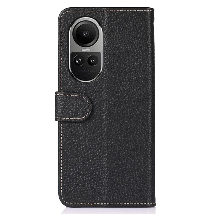 KHAZNEH For Oppo Reno10 Pro 5G (Global) / Reno10 5G (Global) Cell Phone Cover Litchi Texture Stand Wallet Genuine Cow Leather+TPU Case - Black