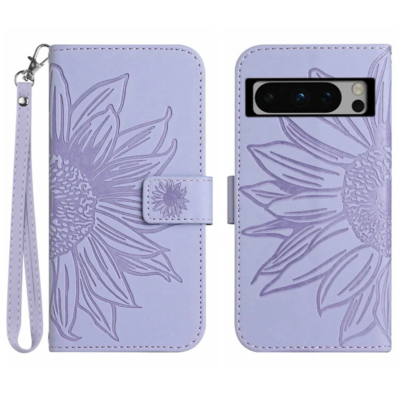 HT04 Para Google Pixel 8 Pro Sunflower Imprinted Phone Cover Leather Wallet Stand Case with Handy Strap - Light Purple