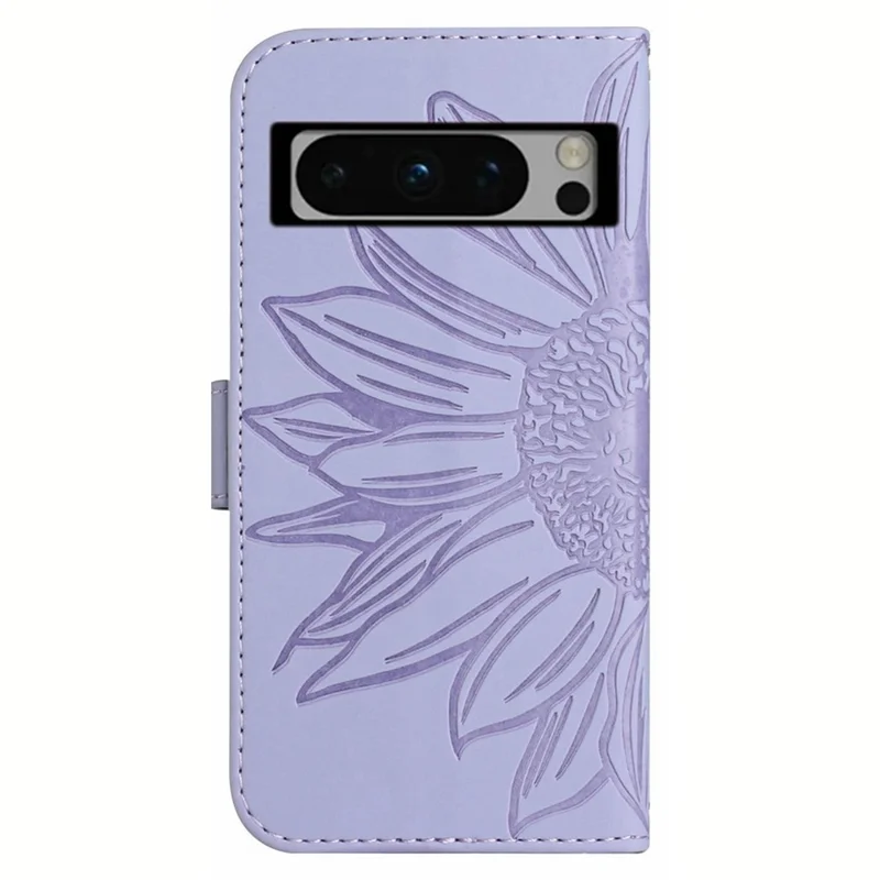 HT04 Para Google Pixel 8 Pro Sunflower Imprinted Phone Cover Leather Wallet Stand Case with Handy Strap - Light Purple