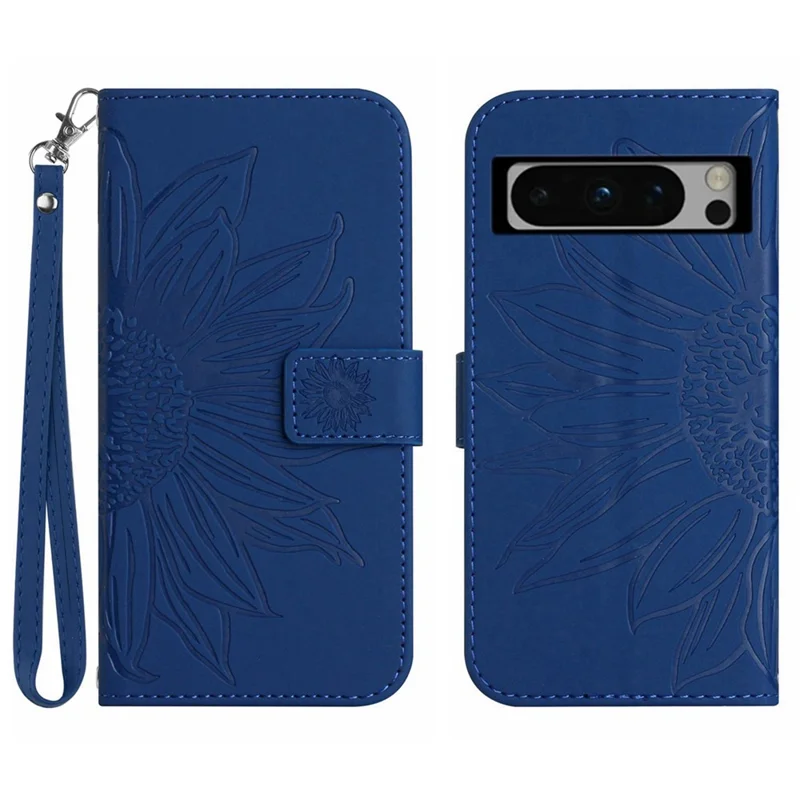 HT04 For Google Pixel 8 Pro Sunflower Imprinted Phone Cover Leather Wallet Stand Case with Handy Strap - Sapphire