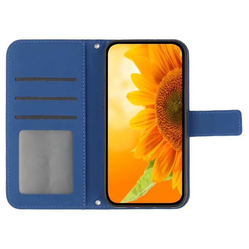 HT04 For Google Pixel 8 Pro Sunflower Imprinted Phone Cover Leather Wallet Stand Case with Handy Strap - Sapphire