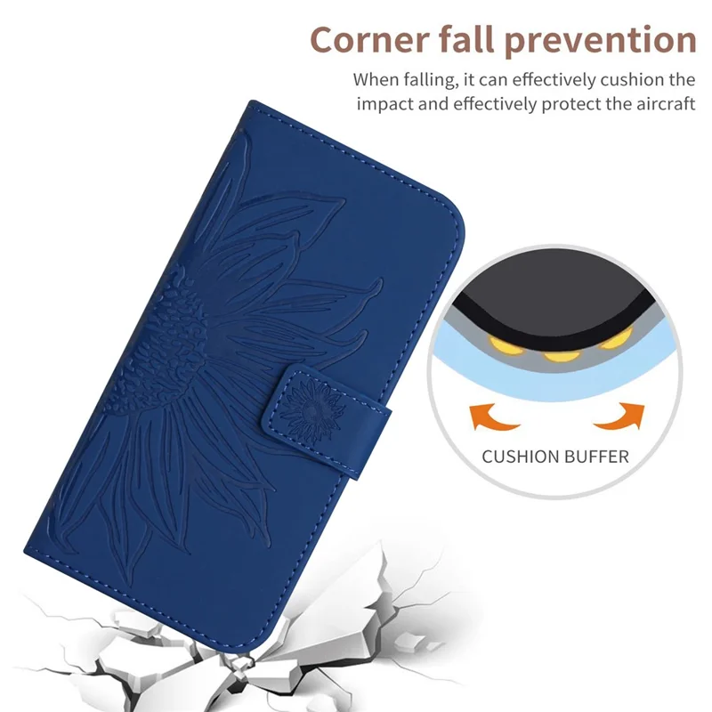 HT04 For Google Pixel 8 Pro Sunflower Imprinted Phone Cover Leather Wallet Stand Case with Handy Strap - Sapphire