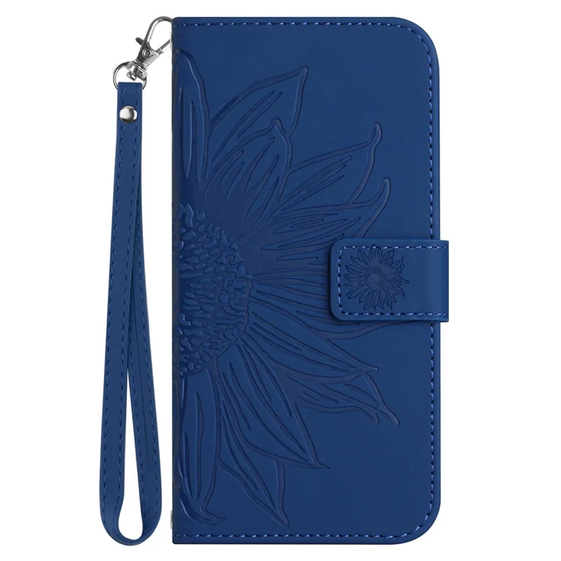 HT04 For Google Pixel 8 Pro Sunflower Imprinted Phone Cover Leather Wallet Stand Case with Handy Strap - Sapphire