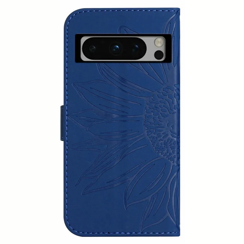 HT04 For Google Pixel 8 Pro Sunflower Imprinted Phone Cover Leather Wallet Stand Case with Handy Strap - Sapphire