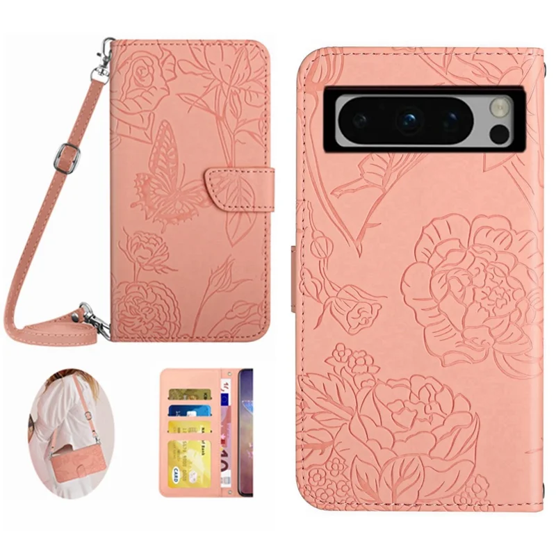 HT03 For Google Pixel 8 Pro PU Leather Wallet Case Adjustable Stand Imprinted Cover with Shoulder Strap - Pink