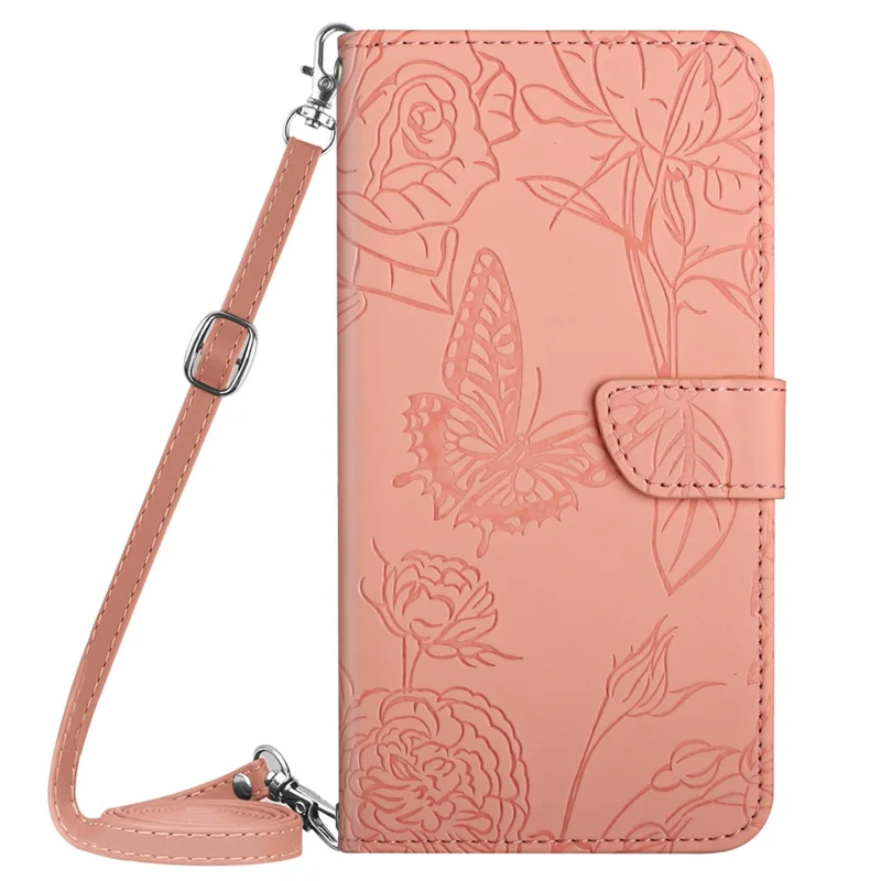 HT03 For Google Pixel 8 Pro PU Leather Wallet Case Adjustable Stand Imprinted Cover with Shoulder Strap - Pink