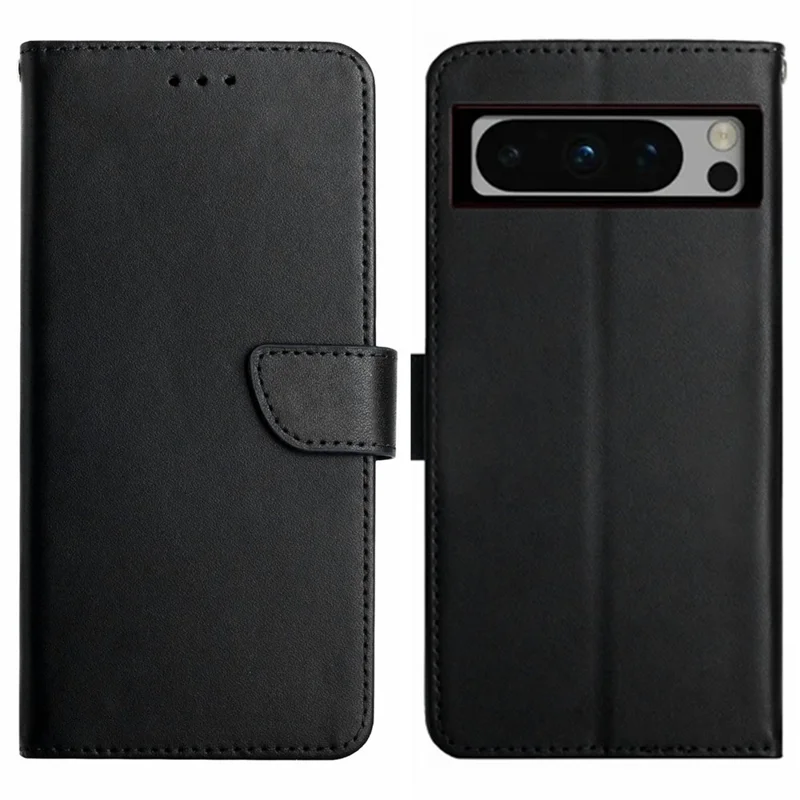 HT02 For Google Pixel 8 Pro Shockproof Wallet Phone Cover Genuine Cow Leather Phone Stand Cover - Black