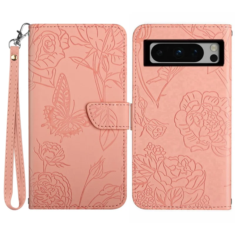HT03 PU Leather Case for Google Pixel 8 Pro , Imprinted Wallet Stand Phone Cover with Wrist Strap - Pink