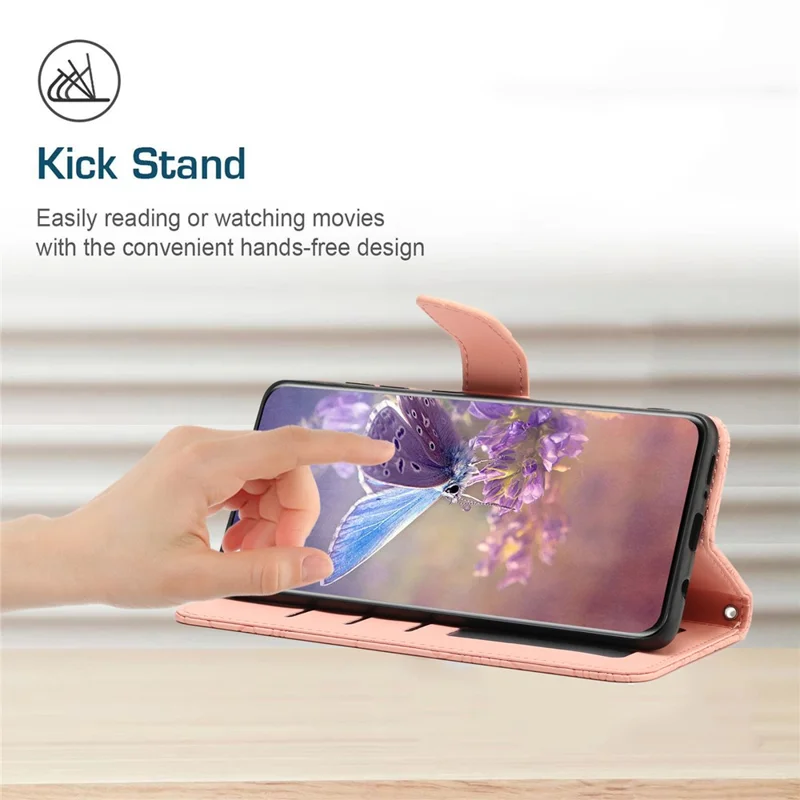 HT03 PU Leather Case for Google Pixel 8 Pro , Imprinted Wallet Stand Phone Cover with Wrist Strap - Pink