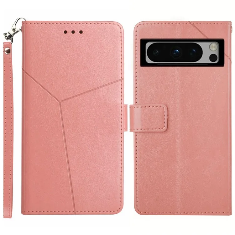 HT01 For Google Pixel 8 Pro Phone Cover Wallet Imprinted Y-shaped Line PU Leather Shell Phone Stand Case - Pink