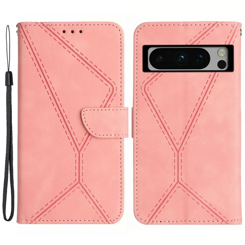 HT05 For Google Pixel 8 Pro PU Leather Phone Case Skin-touch Imprinted Line Wallet Stand Cover - Pink