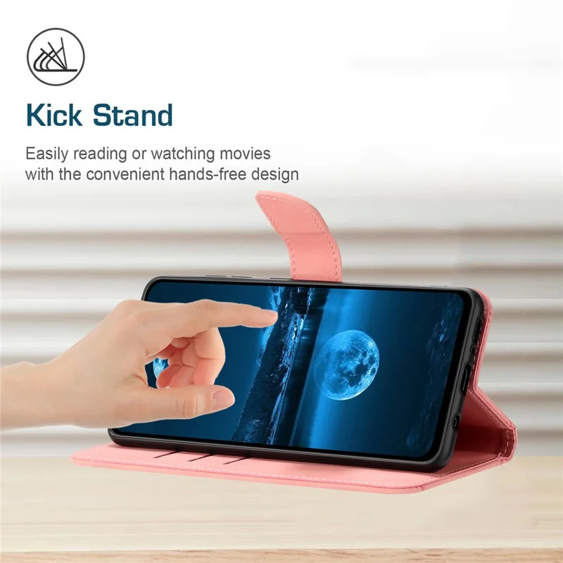 HT05 For Google Pixel 8 Pro PU Leather Phone Case Skin-touch Imprinted Line Wallet Stand Cover - Pink