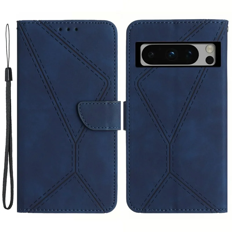 HT05 For Google Pixel 8 Pro PU Leather Phone Case Skin-touch Imprinted Line Wallet Stand Cover - Blue