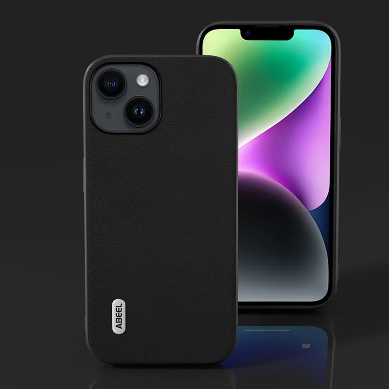 ABEEL For iPhone 14 Plus Funda de teléfono resistente a arañazos Textura de piel de imitación PU + Cubierta de teléfono TPU - Negro