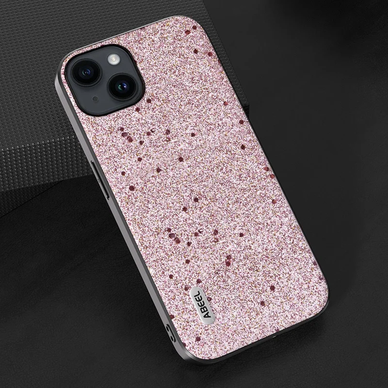 ABEEL For iPhone 15 Glitter Phone Case PU Leather Coated TPU Anti-Scratch Cover - Pink