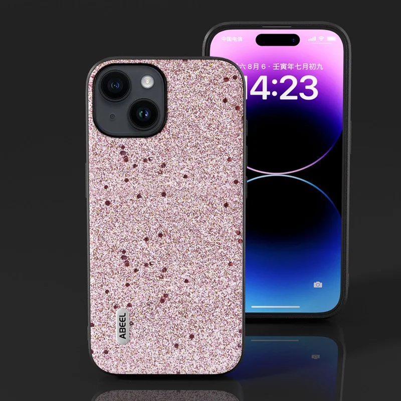ABEEL For iPhone 15 Glitter Phone Case PU Leather Coated TPU Anti-Scratch Cover - Pink
