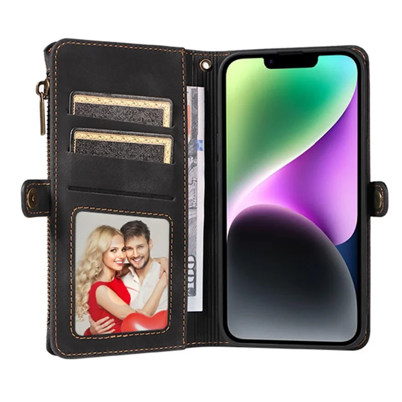 Für iPhone 15 Pro Max Handyhülle mit Reißverschlusstasche, Brieftasche, RFID-Blockierung, Ständer, Kratzsicherheit, Lederhülle mit Handschlaufe - Schwarz