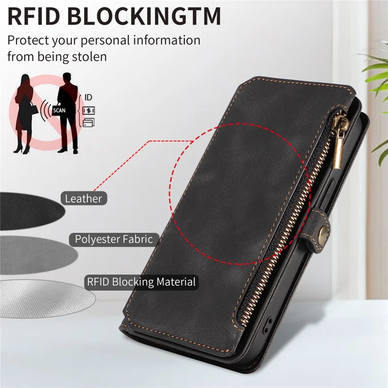 Für iPhone 15 Pro Max Handyhülle mit Reißverschlusstasche, Brieftasche, RFID-Blockierung, Ständer, Kratzsicherheit, Lederhülle mit Handschlaufe - Schwarz