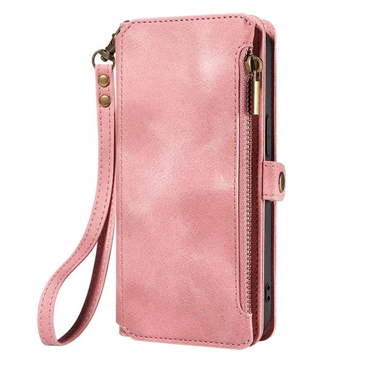 Per iPhone 15 Pro Zipper Pocket Wallet Cell Phone Cover RFID Blocking Stand PU Leather Case with Strap - Pink