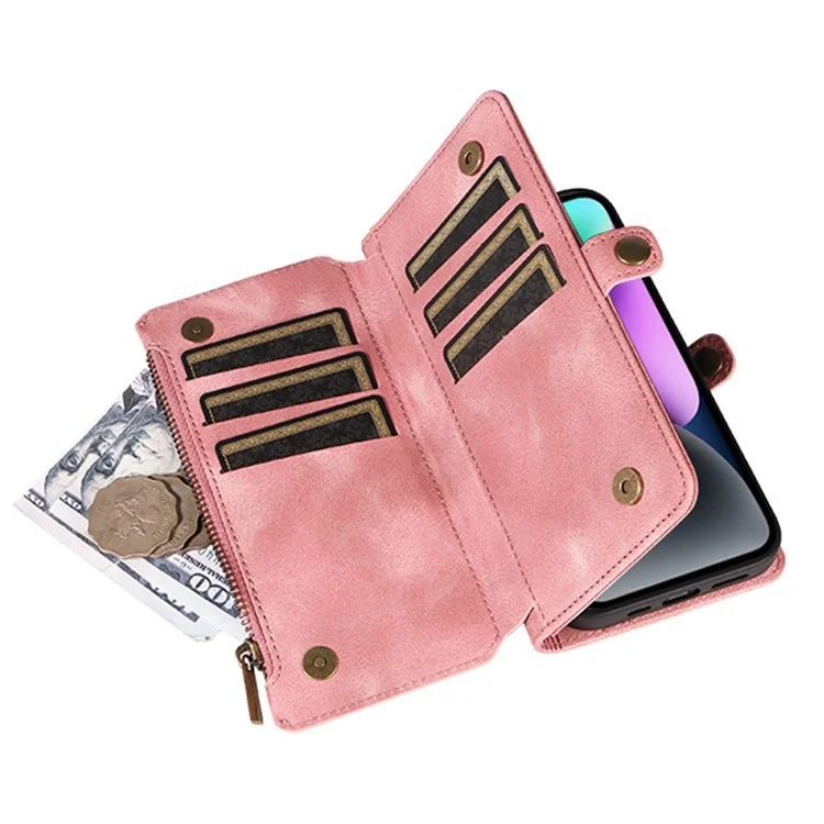 Per iPhone 15 Pro Zipper Pocket Wallet Cell Phone Cover RFID Blocking Stand PU Leather Case with Strap - Pink