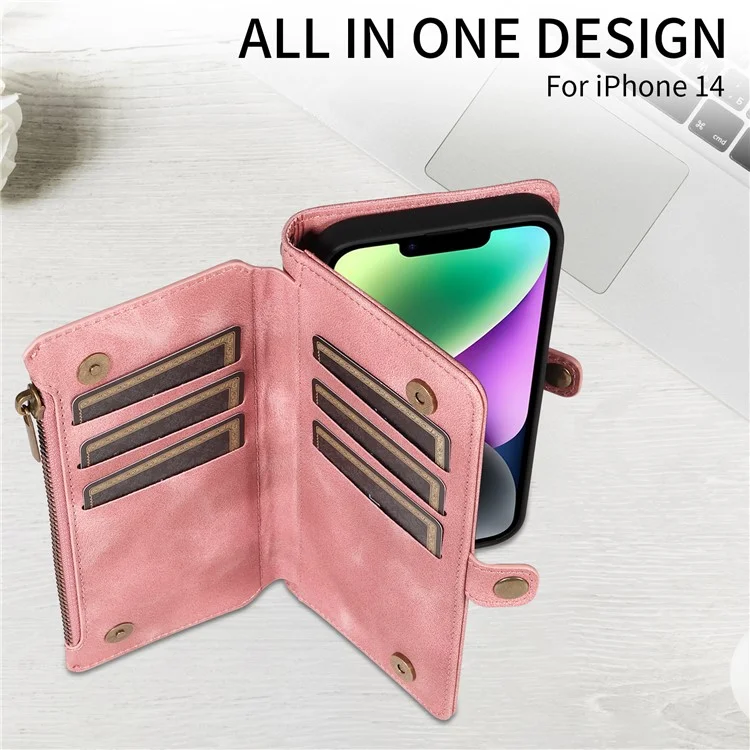 Per iPhone 15 Pro Zipper Pocket Wallet Cell Phone Cover RFID Blocking Stand PU Leather Case with Strap - Pink