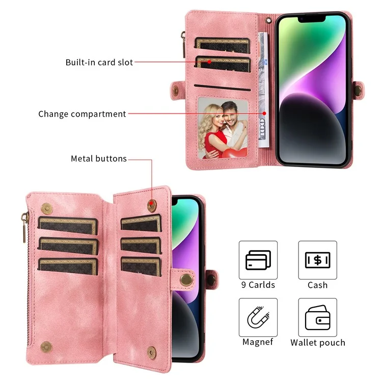 Per iPhone 15 Pro Zipper Pocket Wallet Cell Phone Cover RFID Blocking Stand PU Leather Case with Strap - Pink