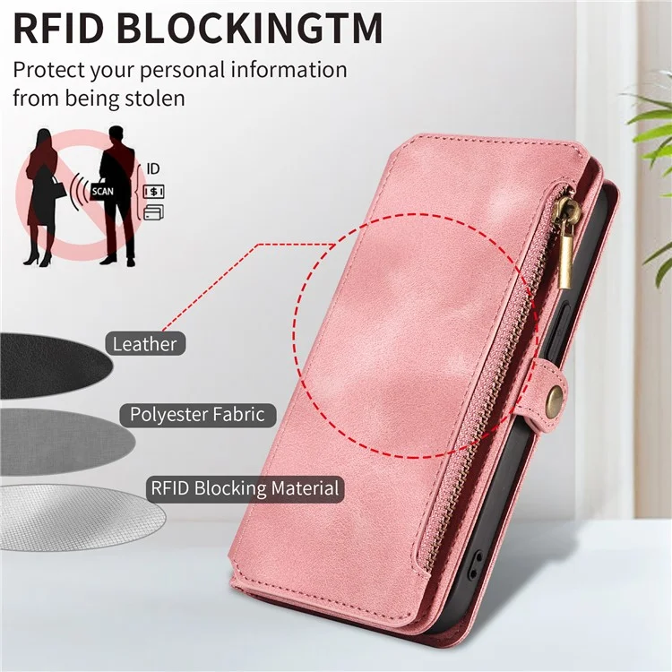 Per iPhone 15 Pro Zipper Pocket Wallet Cell Phone Cover RFID Blocking Stand PU Leather Case with Strap - Pink