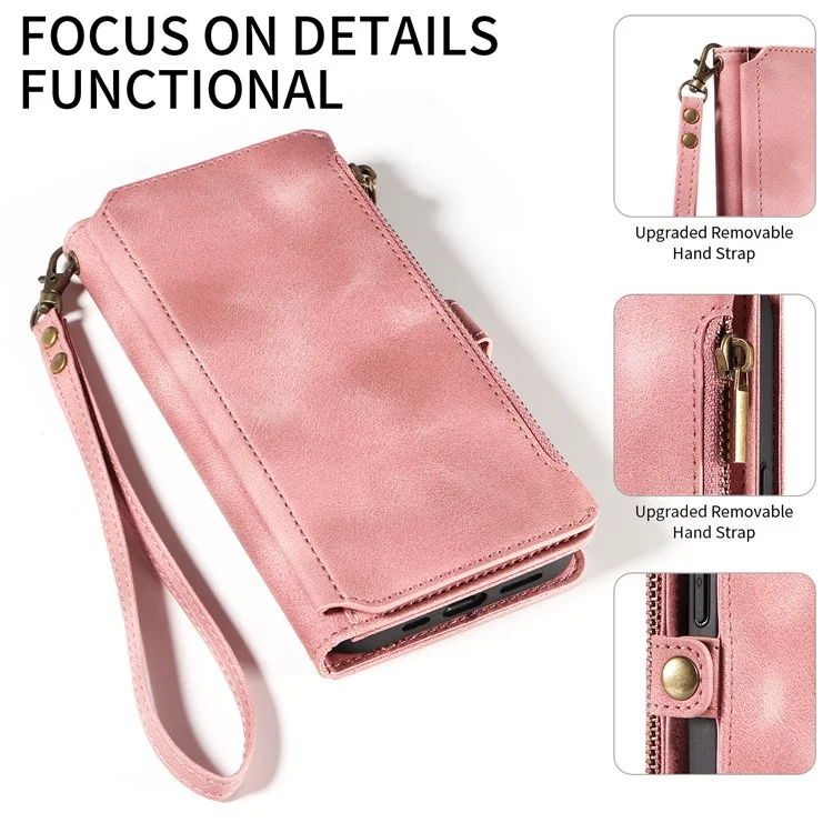 Per iPhone 15 Pro Zipper Pocket Wallet Cell Phone Cover RFID Blocking Stand PU Leather Case with Strap - Pink