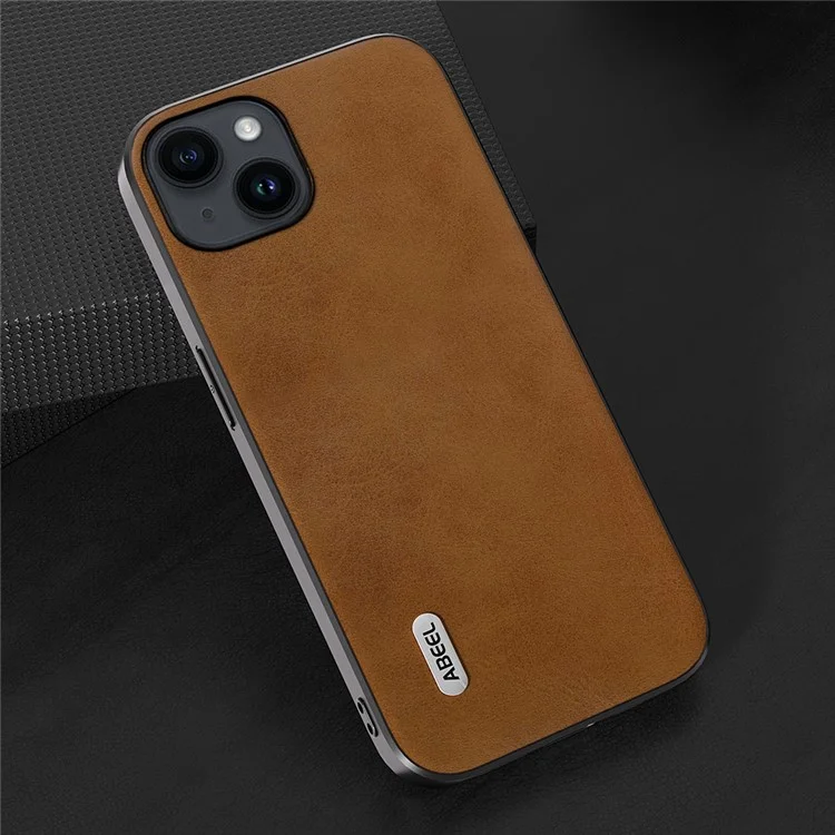ABEEL Per iPhone 15 Plus Custodia Protettiva Rivestita in Pelle PU TPU+PC Texture Pelle Bovina - Marrone