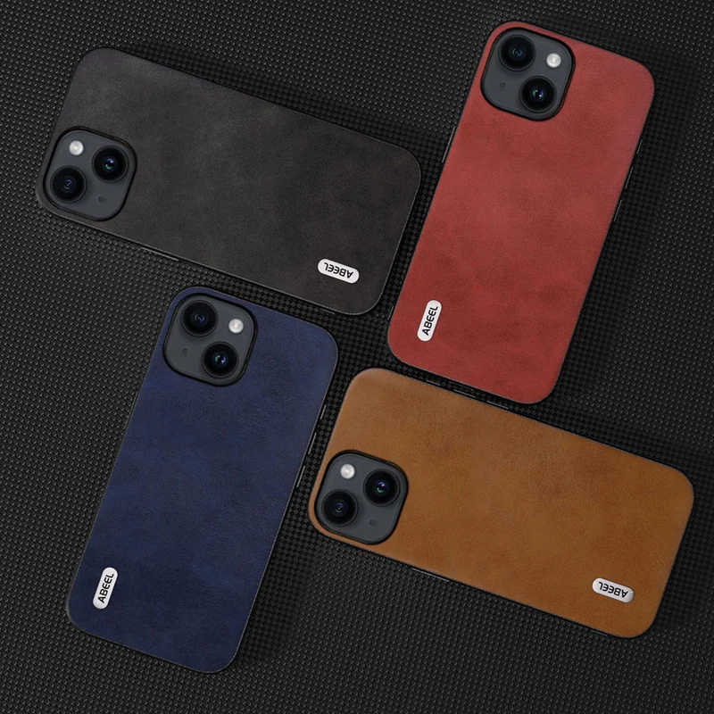 ABEEL Per iPhone 15 Plus Custodia Protettiva Rivestita in Pelle PU TPU+PC Texture Pelle Bovina - Marrone