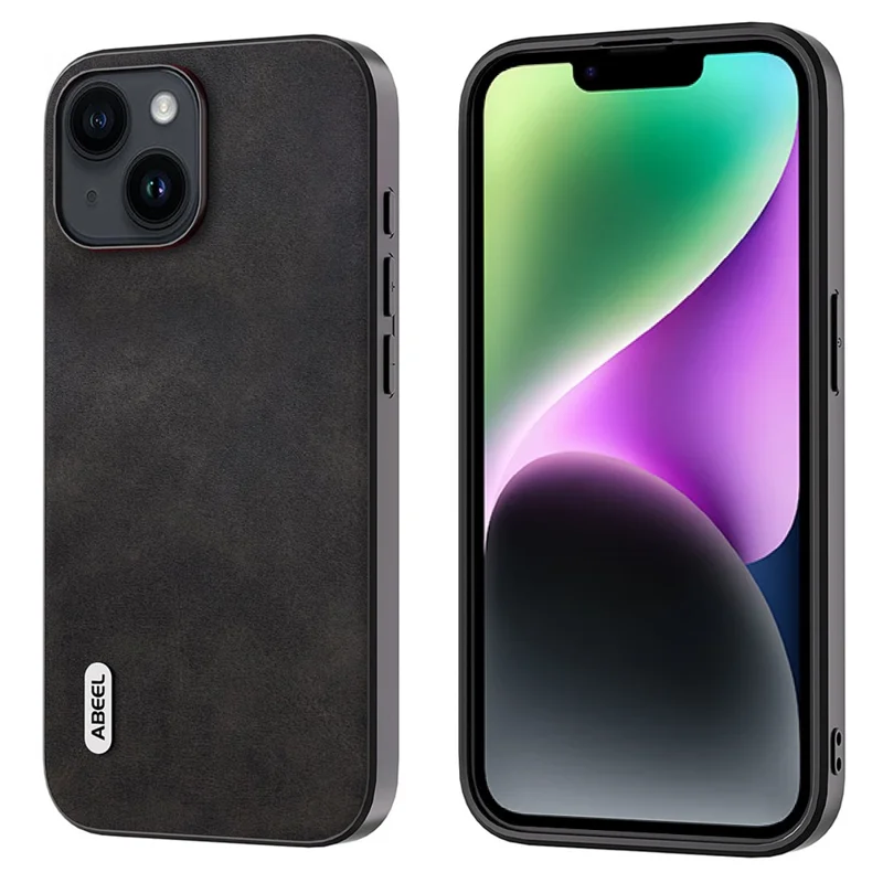 ABEEL For iPhone 14 Plus Коровья кожа Текстура Чехол для телефона PU Кожаный Покрытый TPU+PC Ударопрочный Чехол - Черный