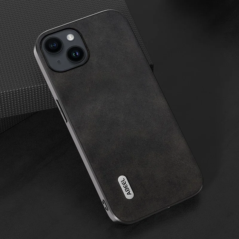 ABEEL For iPhone 14 Plus Коровья кожа Текстура Чехол для телефона PU Кожаный Покрытый TPU+PC Ударопрочный Чехол - Черный